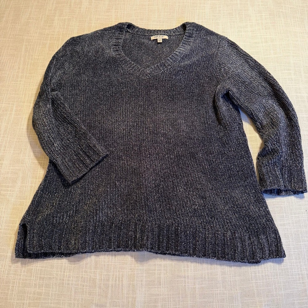 Orvis Classic Collection Navy Marled Chenille V-Neck Sweater XL 3/4 Sleeve